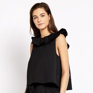 Tibi Agathe V-Back Ruffle Top - Black, 10